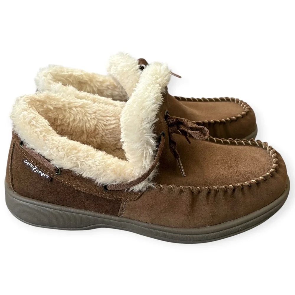Orthofeet Brown Suede Faux Fur Orthopedic Moccasin Capri Slippers 9E Quite Lux